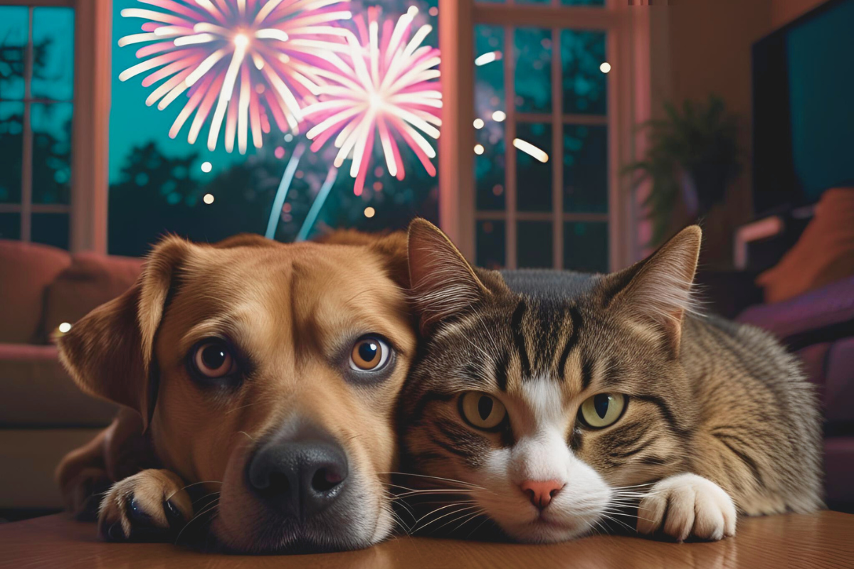 un chat et un chien couchés côte à côte dans un salon avec des feux d'artifice à la fenêtre