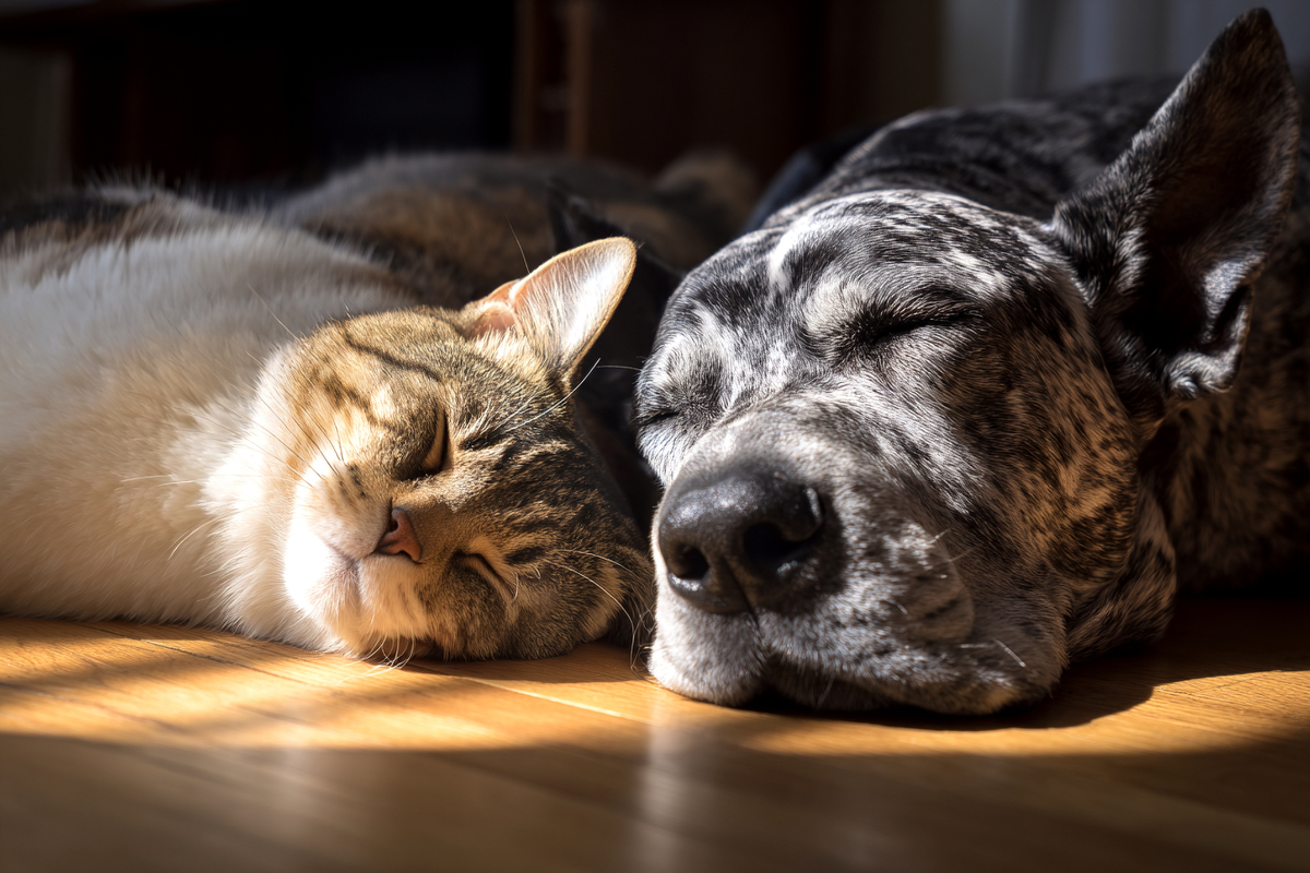un chat et un chien couchés dorment côte à côte sur le plancher au soleil
