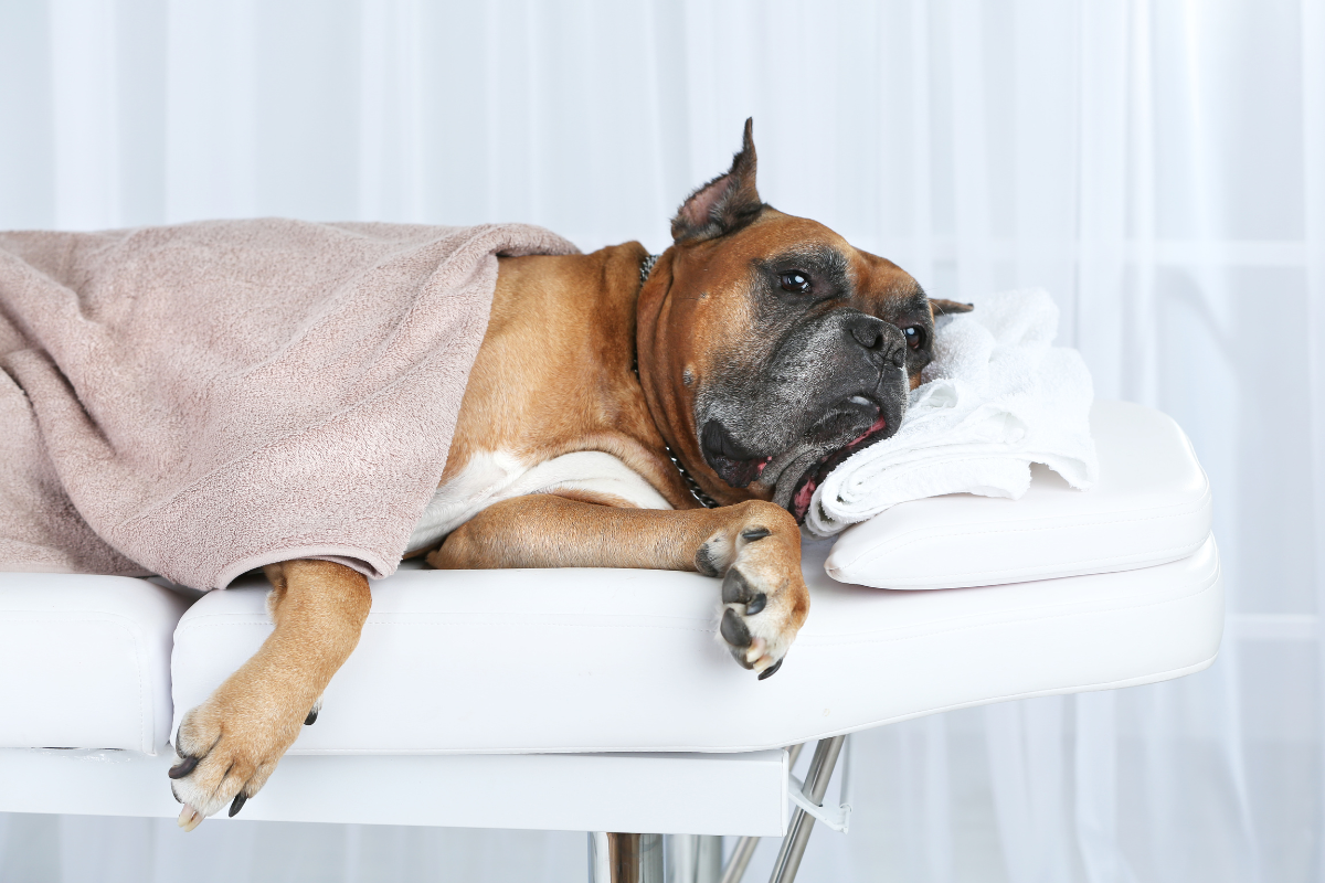 un chien bouledogue couché sur une table de massage et recouvert d'une serviette beige