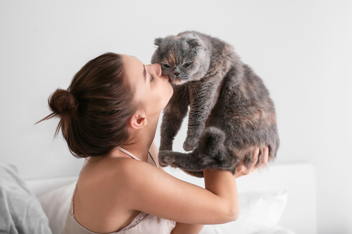 une femme porte son chat gris à l'air grognon et lui fait un bisou